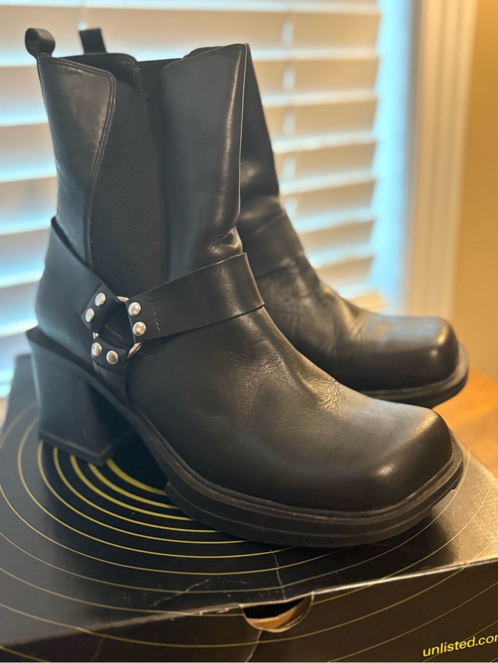 Chunky Black Leather Heeled Ankle Boots with Studded Harness